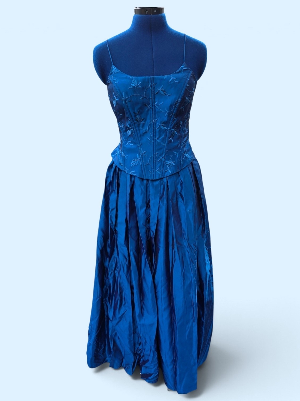 Bari Jay Royal Blue Embroidered Satin Prom Gown Corset Back